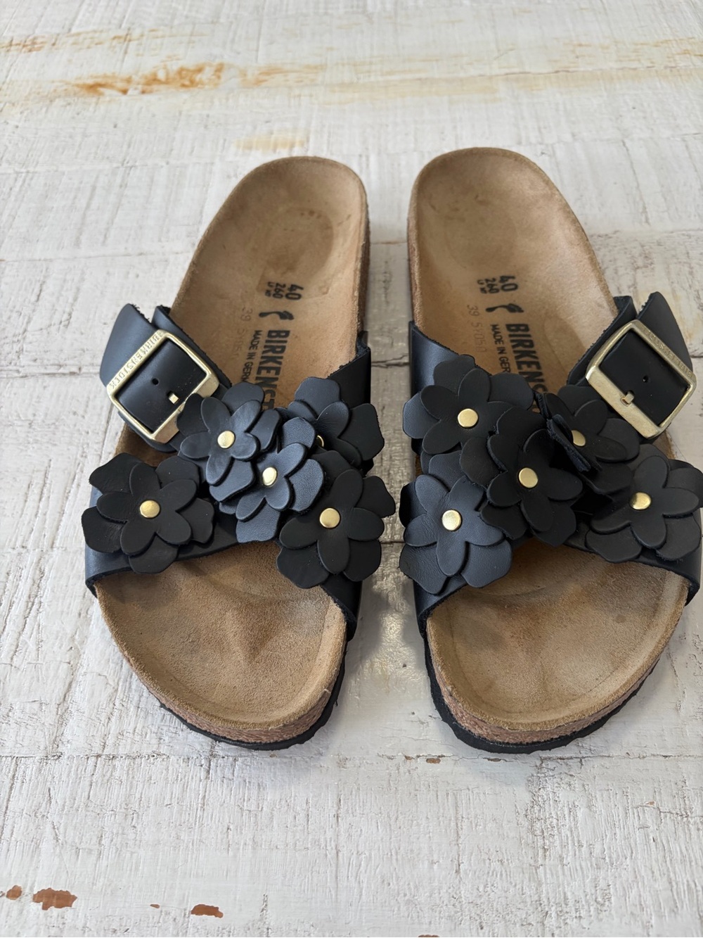 Birkenstock Siena Flowers EU size 40 US size 9 9.5 Black Leather Slide Sandals - Picture 2 of 11
